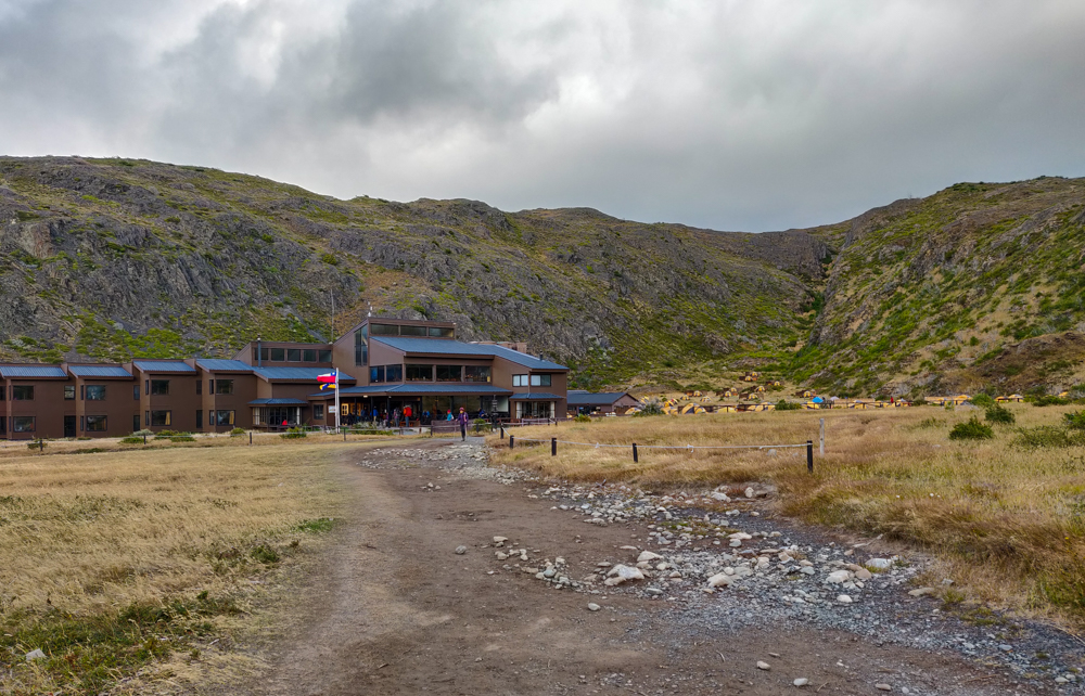 Looking back at the Paine Grande campground and facilities