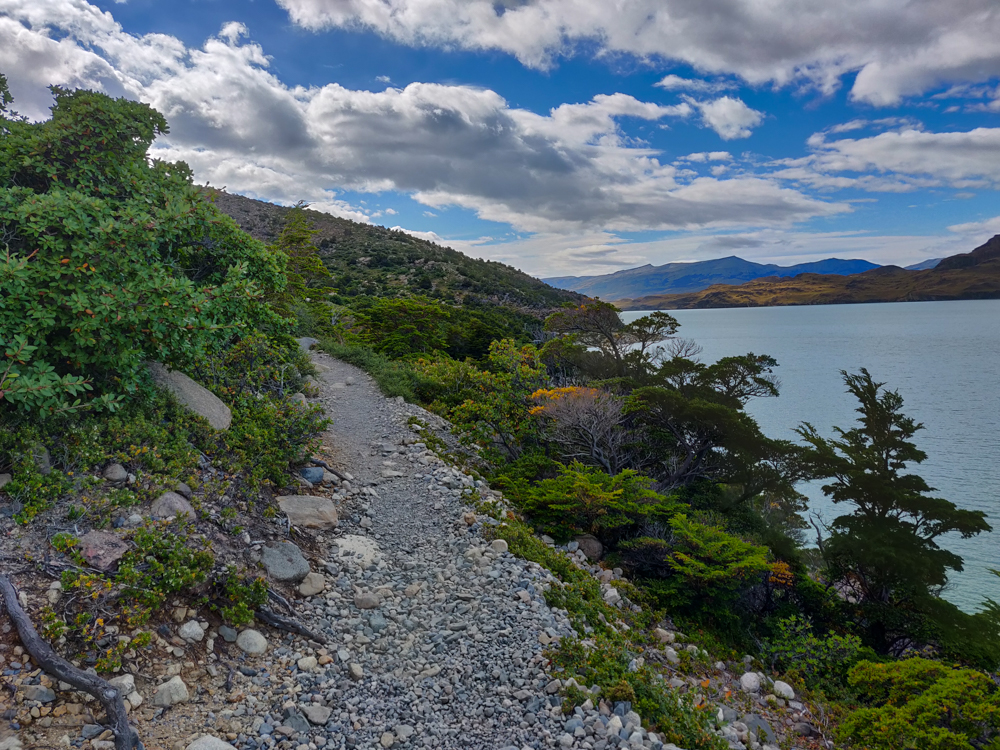 The trail bending away from the lake