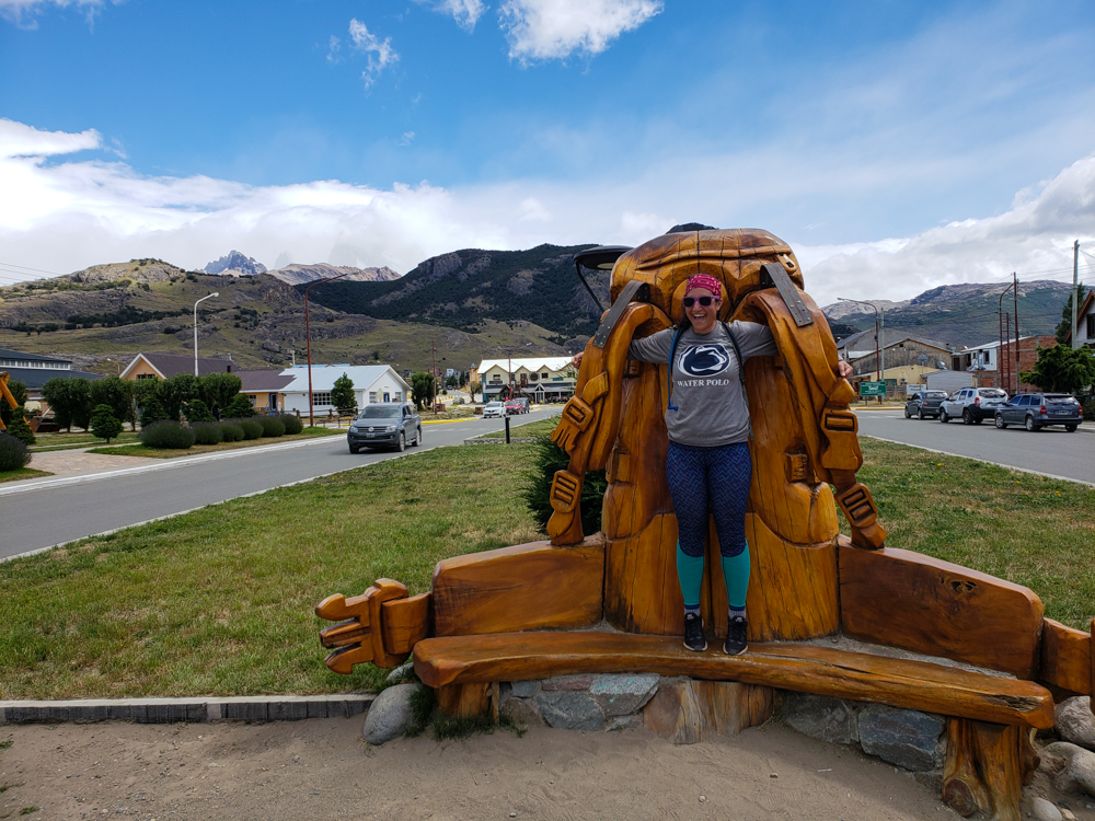 Me pretending to wear a backpack-shaped bench